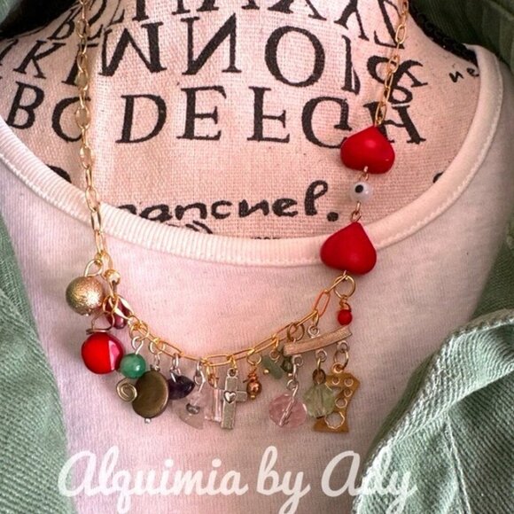 Vintage coral hearts multi stone multi charms gold adjustable necklace